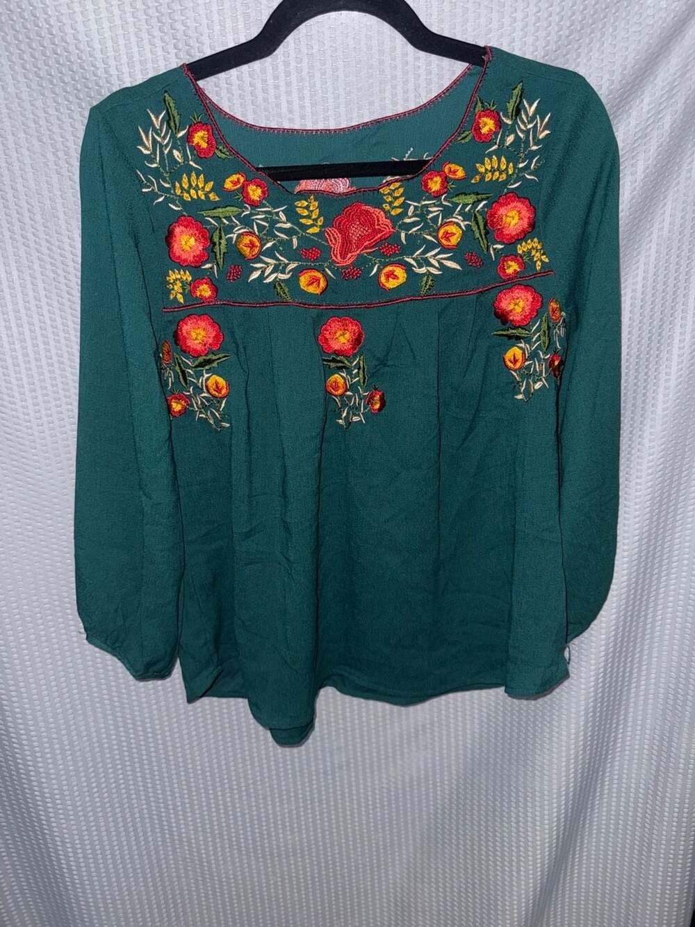 Available by Angela Fashion Floral Embroidered Peasant Blouse in Teal
